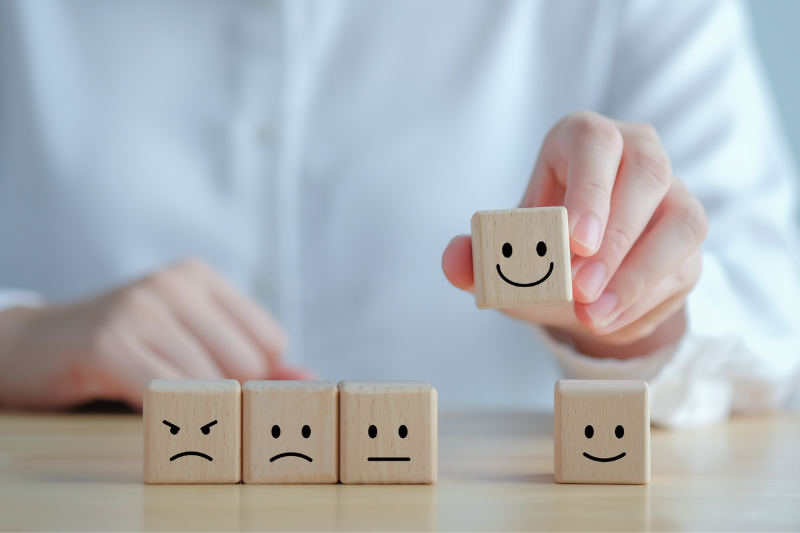 mental health Emotions explained on wooden blocks