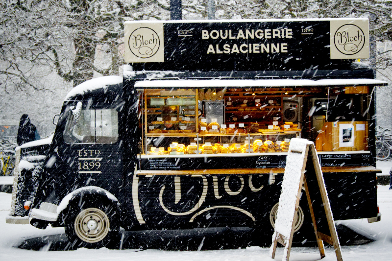 A Food van in snowfall