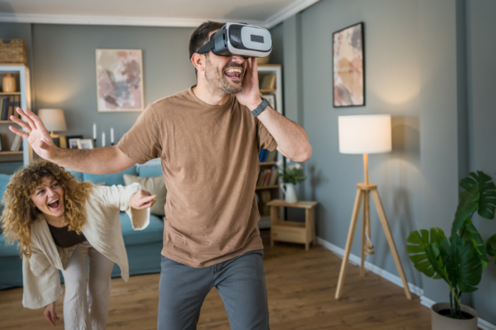 Two people using virtual reality on metaverse