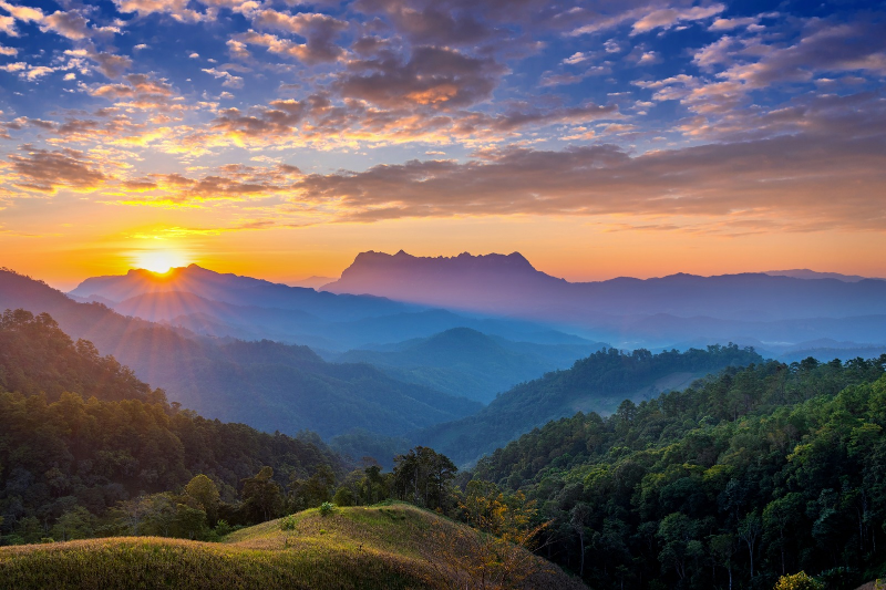 A morning Routines of sunrise through mountains 